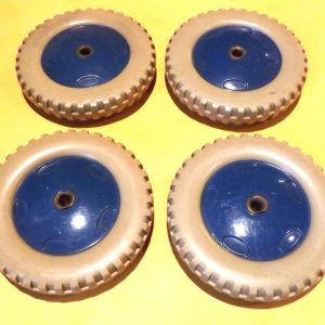 Four Meccano plastic blue/grey Road Wheels, part 187