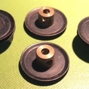 Four black Meccano Pulley Wheels part 22, some general paint loss