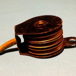 Meccano triple sheave black Pulley Block, part 153 with brass pulleys