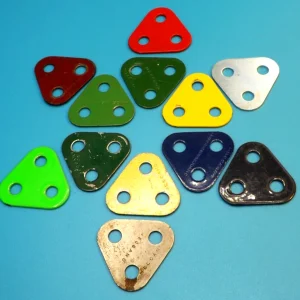 Two Meccano Triangular Plates, part 77, available in various finishes.