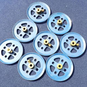 Eight used Meccano two inch pulley wheels, Blue, part 20a.