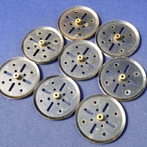Eight Meccano three inch pulley wheels, Black, part 19b.