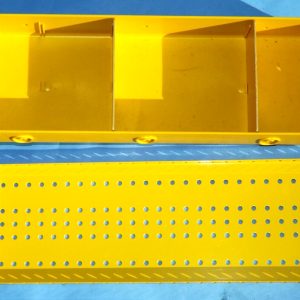 Meccano yellow plastic storage tray, with metal lid and card dividers.