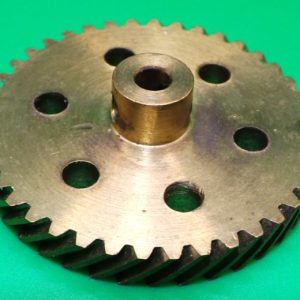 Meccano compatible 40 tooth helical gear, six holes in the face.