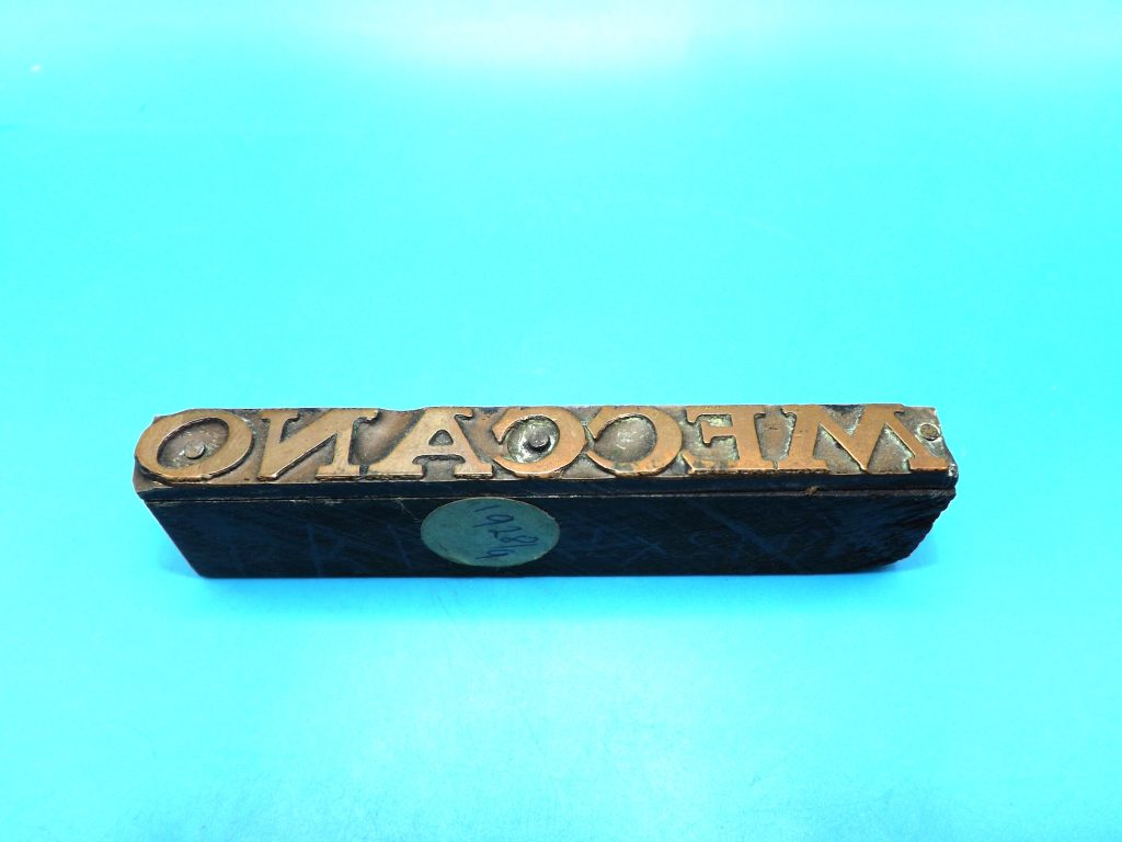 Meccano interest - wood and brass printers block 'MECCANO'